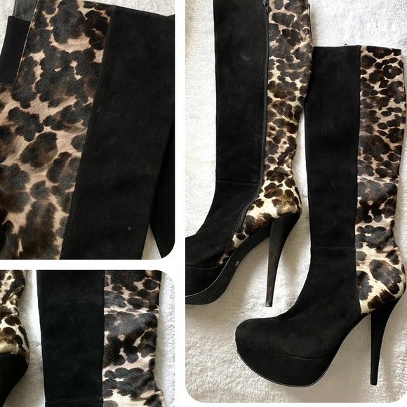 Stuart Weitzman Suede Calf Hair Leopard Black Tall Knee High Boots Size 10 $790